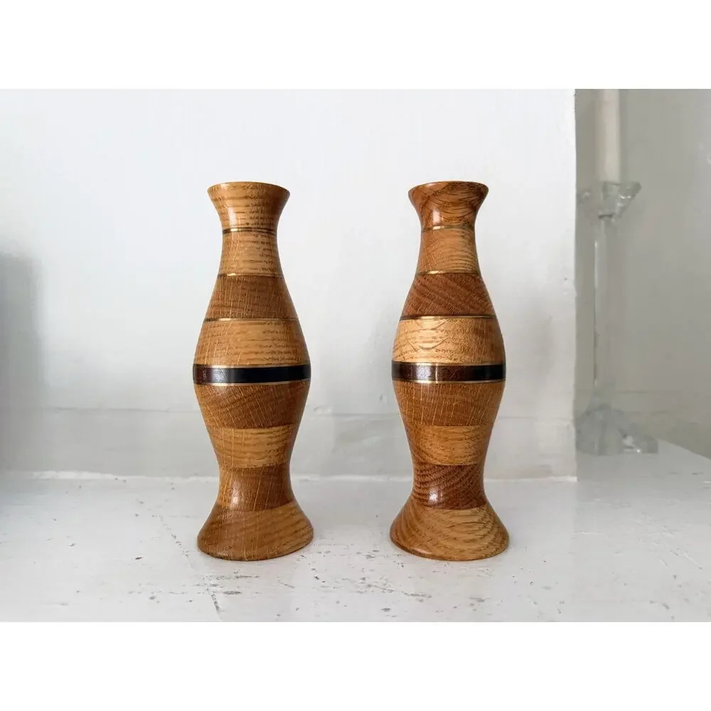 Turned Wood Brass Inlaid Vase Pair Segmented Bud Vases Signed Set 2